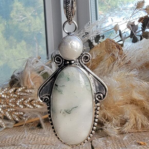 Ethereal White Moss Agate Pendant, Sterling Silver Necklace With Pearl - Picture 1 of 8